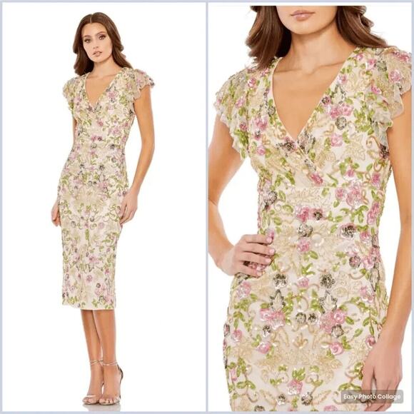 NWT Mac Duggal 5722 Beaded Floral Sheath Dress Cream Multi $498‎ - Picture 1 of 7